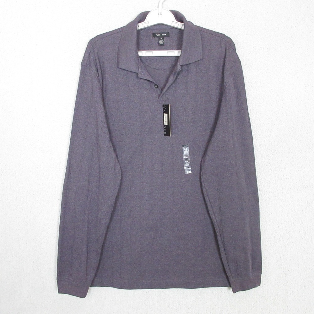 Van Heusen Mens Long Sleeve Polo Shirt Purple Windowpane Large New